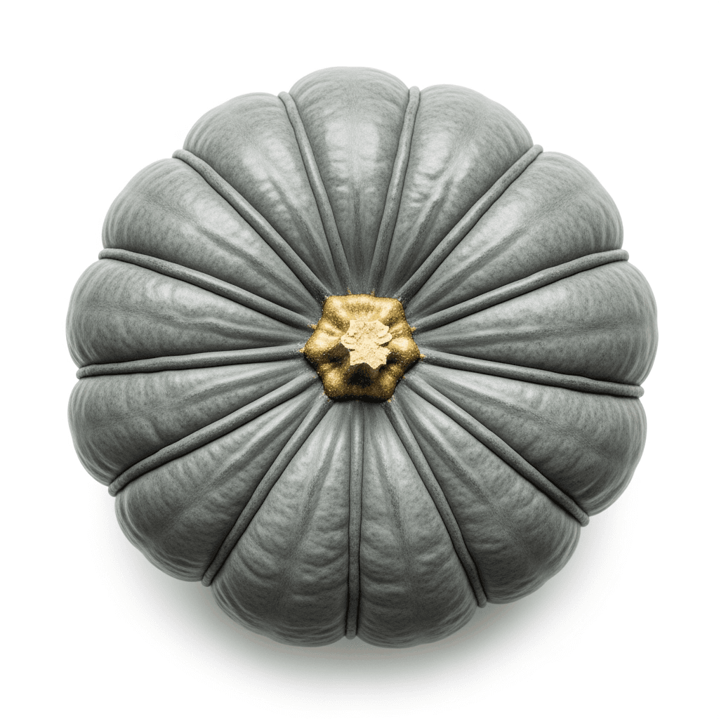 Blue Jarrahdale pumpkin — flat and deeply ribbed in pale slate blue-green — the one people always ask about