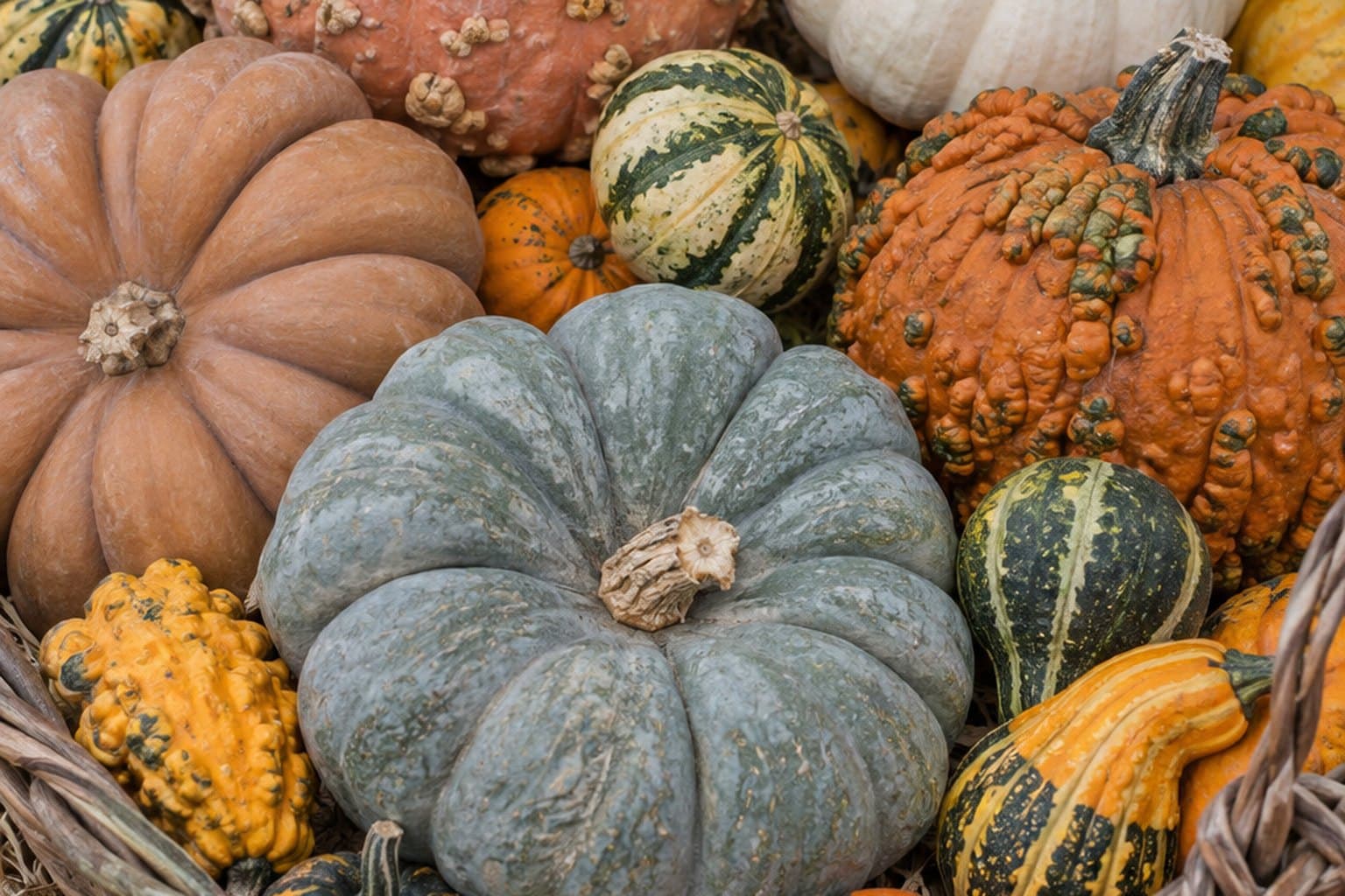 A basket heaped with heirloom pumpkins and striped gourds