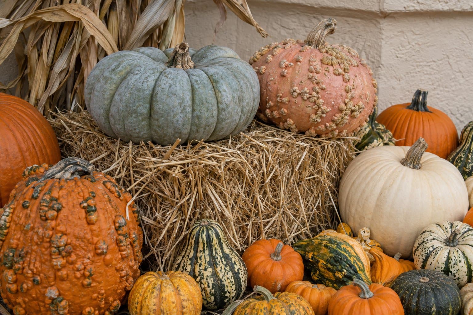 A close view of a hay bale and heirloom pumpkins at the base of a shopfront
