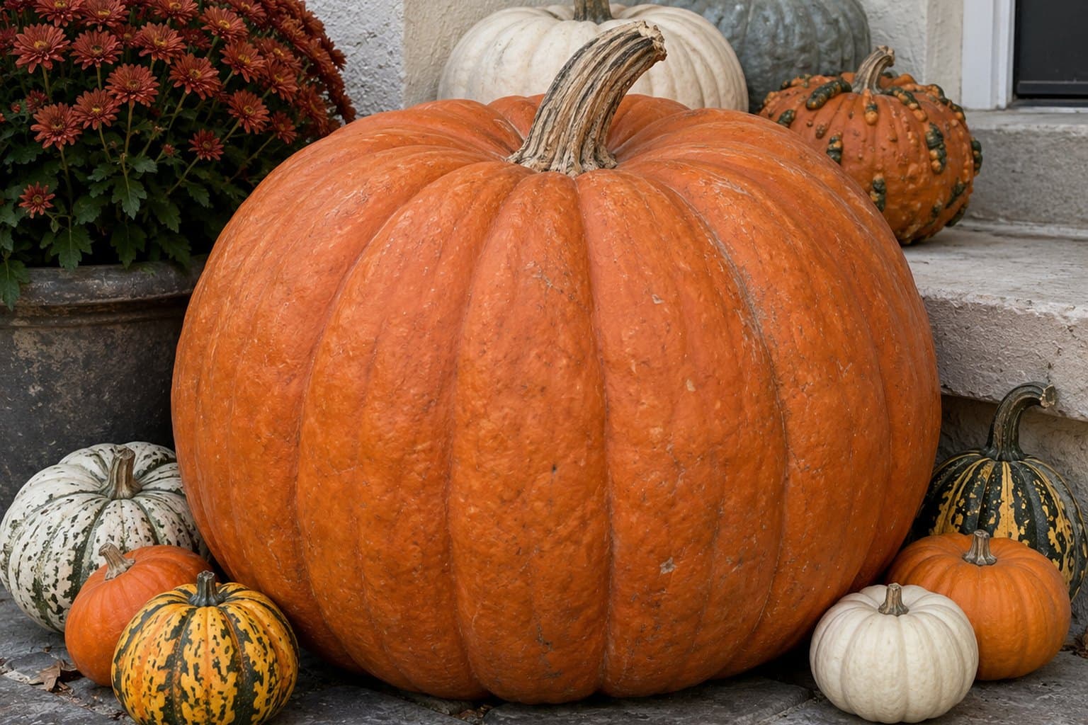 A giant pumpkin as tall as the bottom step, banked with smaller heirlooms