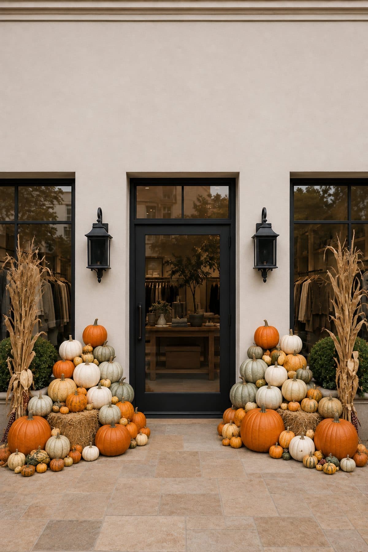 A boutique shopfront with merchandise visible through the glass, flanked by cornstalks and a full pumpkin display