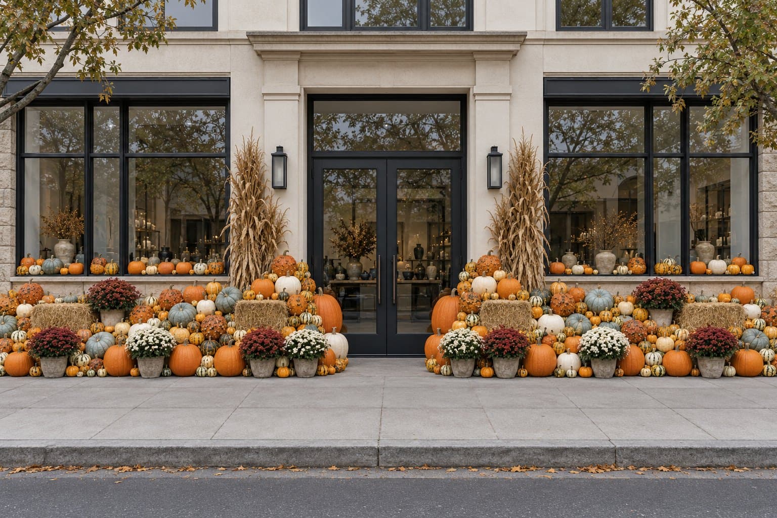 A full building frontage banked with pumpkins along its whole width