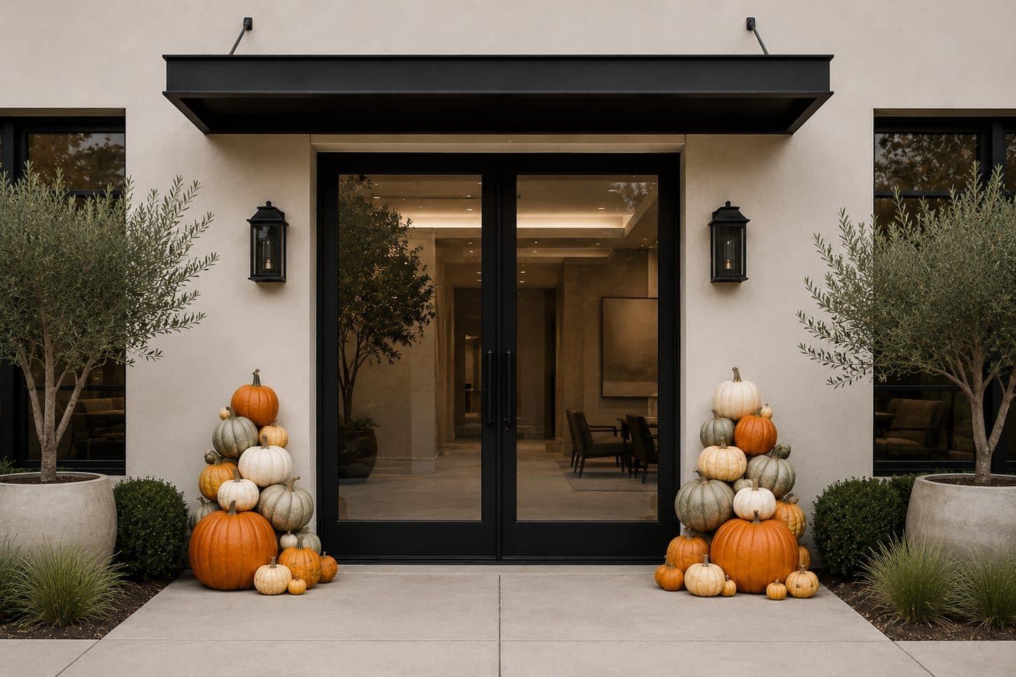 A professional office building entrance framed by autumn pumpkins