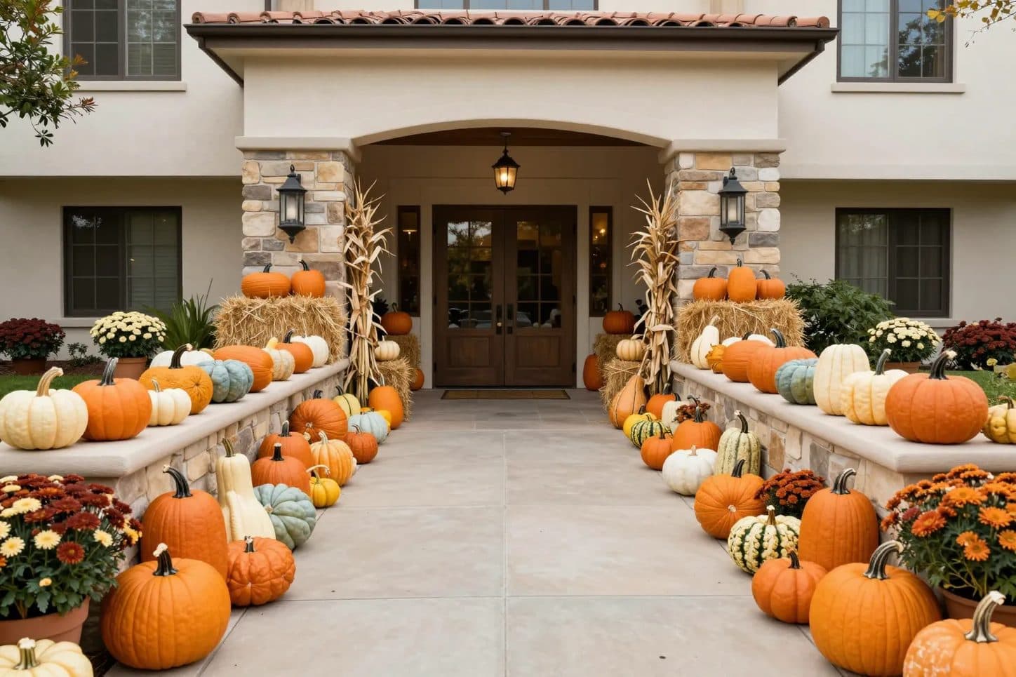 An apartment community entrance massed with pumpkins, hay bales, cornstalks and fall mums