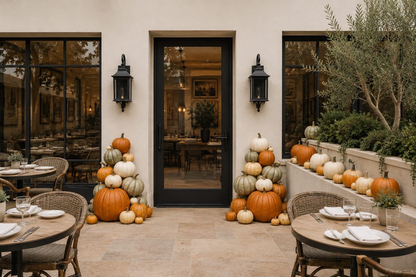 A restaurant patio entrance styled with a bespoke autumn pumpkin display