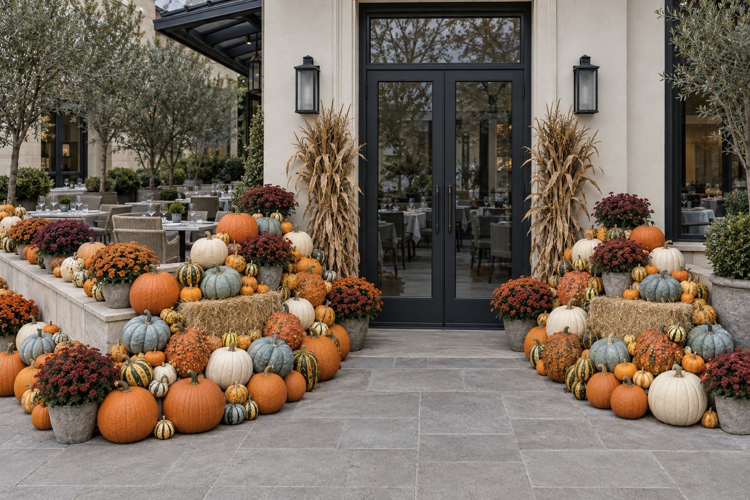 A restaurant patio entrance styled with a bespoke autumn pumpkin display