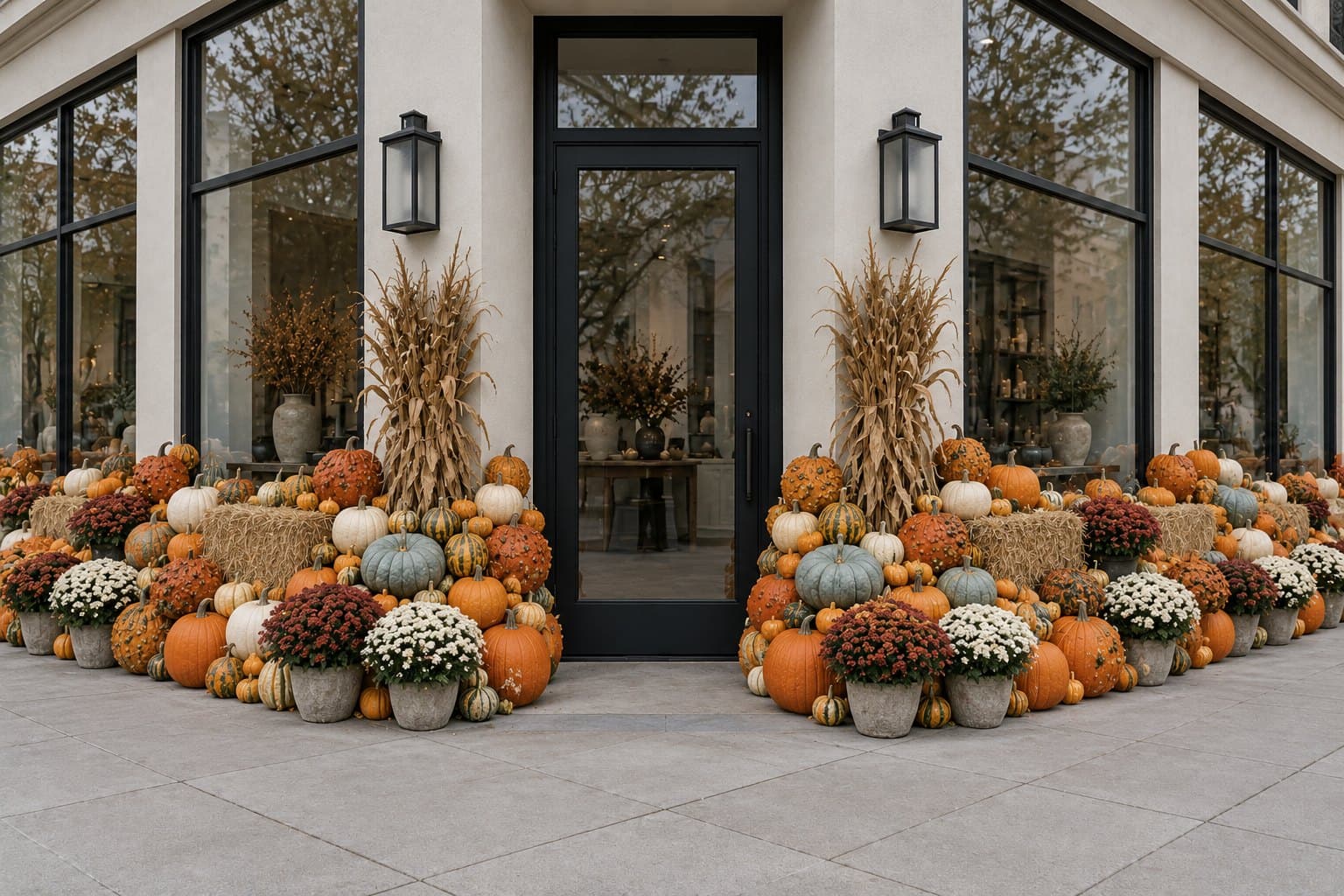 A shopfront banked with pumpkins, hay bales and mums