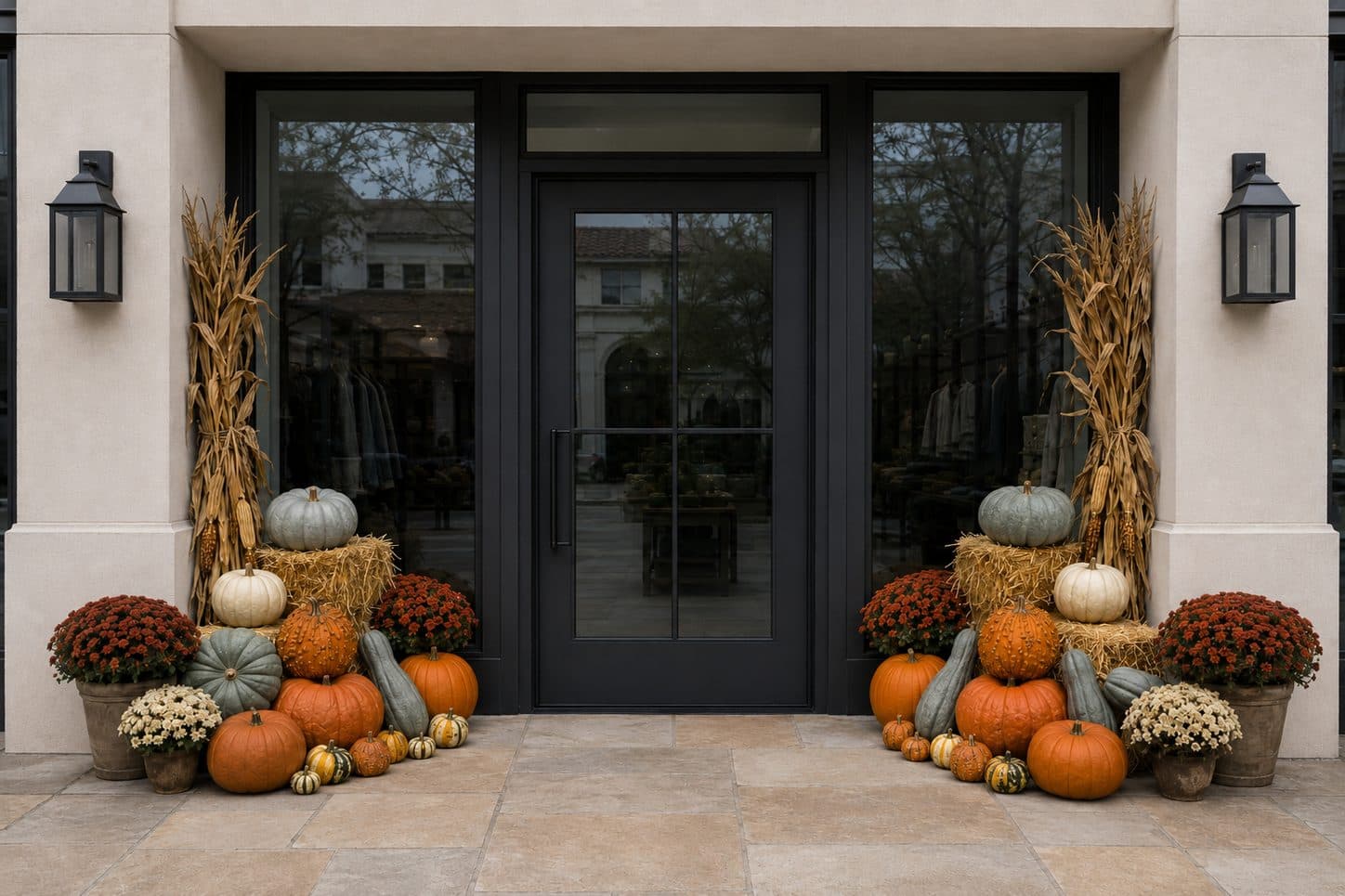 A boutique entrance banked with pumpkins, cornstalks, hay bales and fall mums