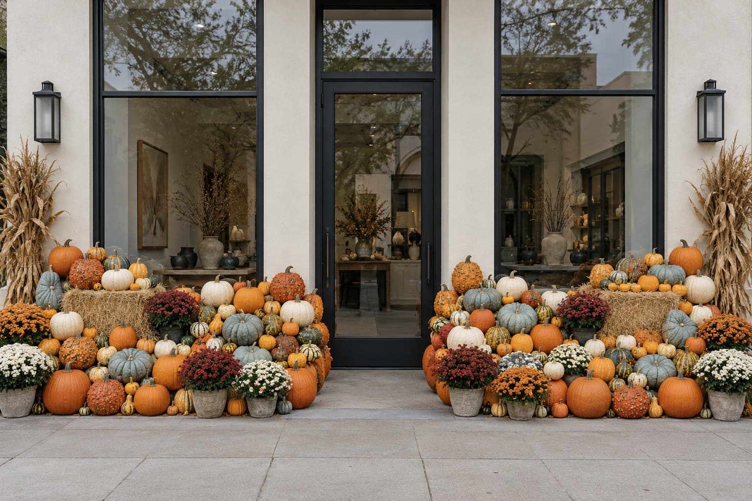 A boutique entrance banked with pumpkins, cornstalks, hay bales and fall mums