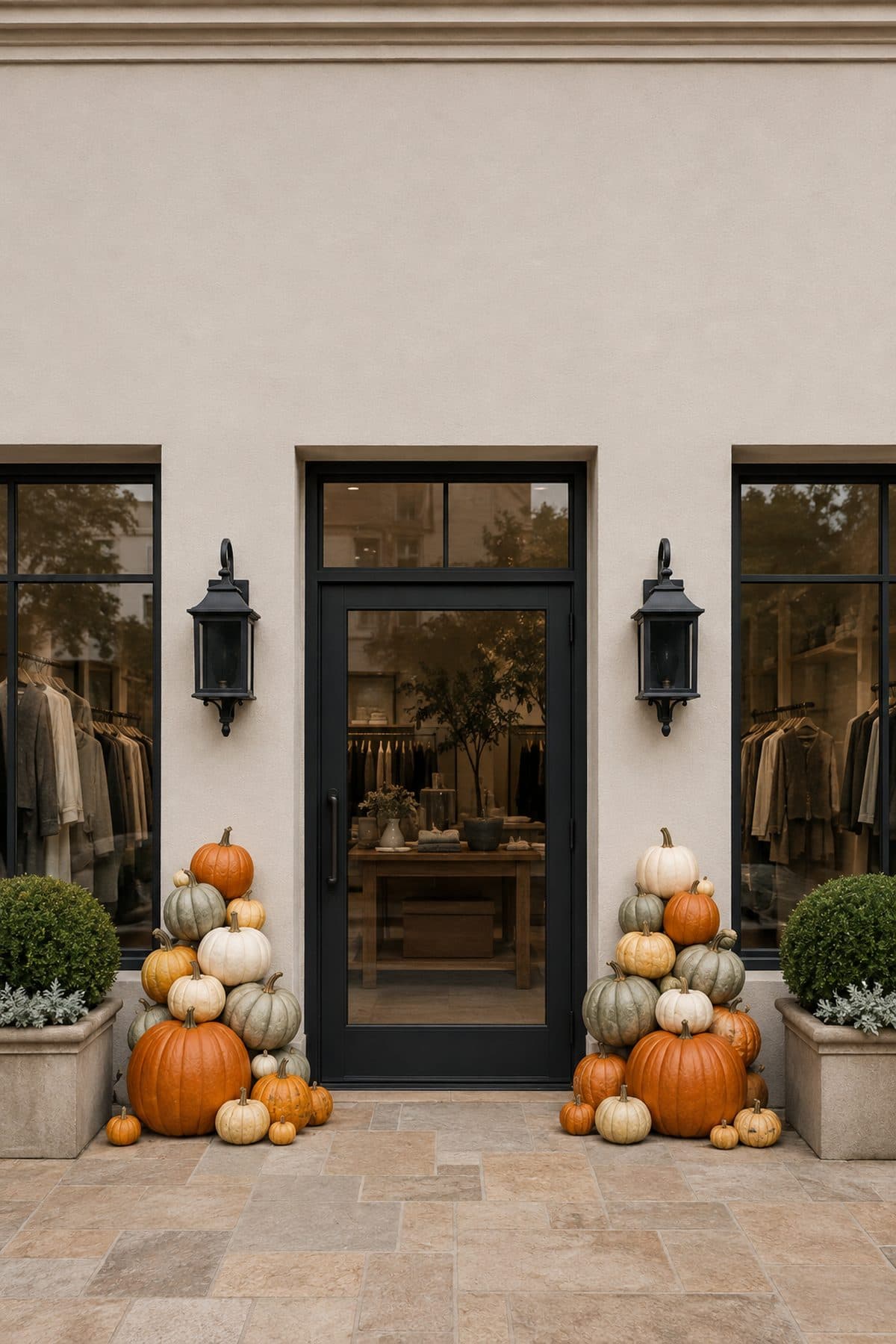 An upscale boutique entrance flanked by cascading orange, cream-white and sage pumpkins