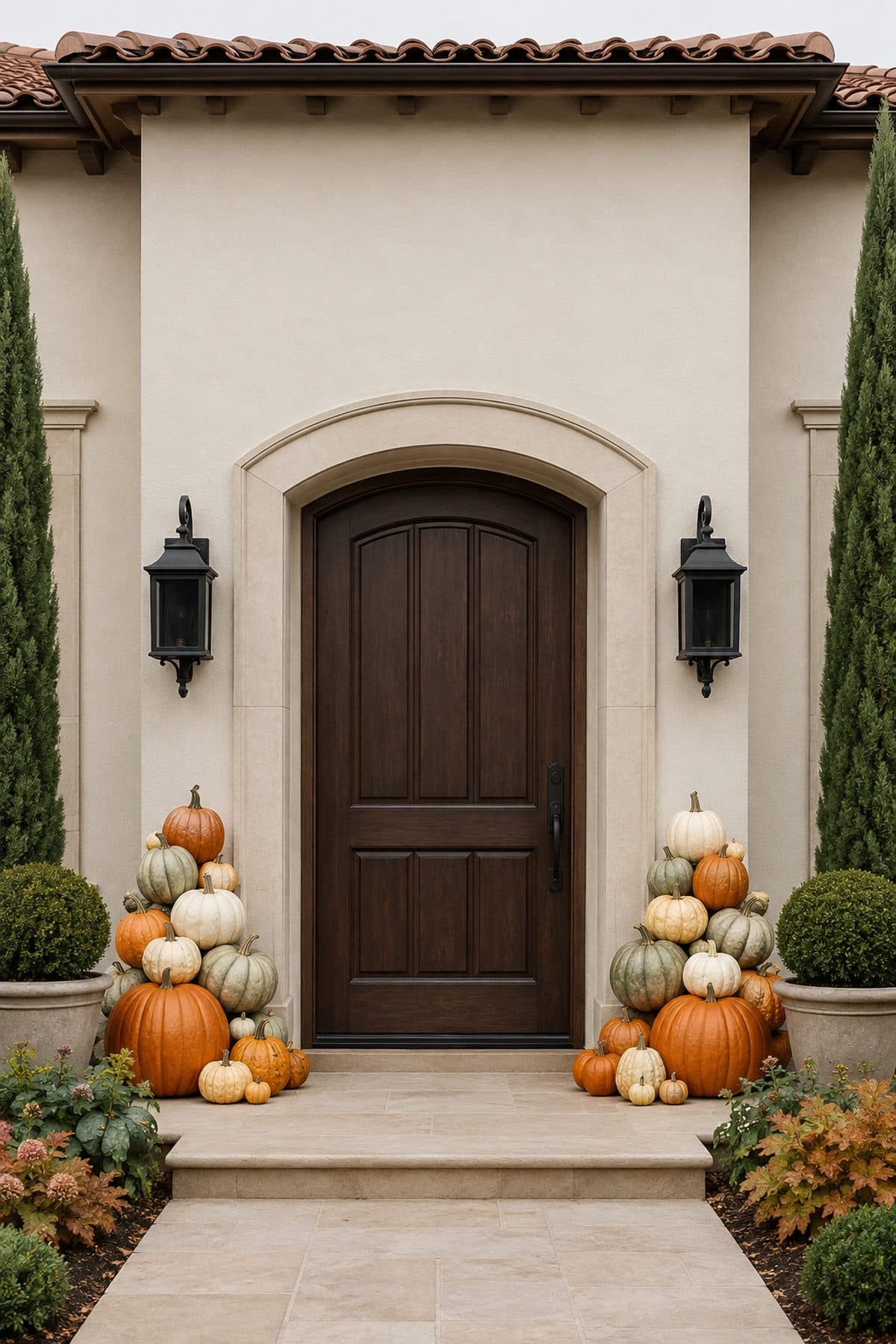 A Los Gatos home entrance banked with orange, cream-white and sage heirloom pumpkins