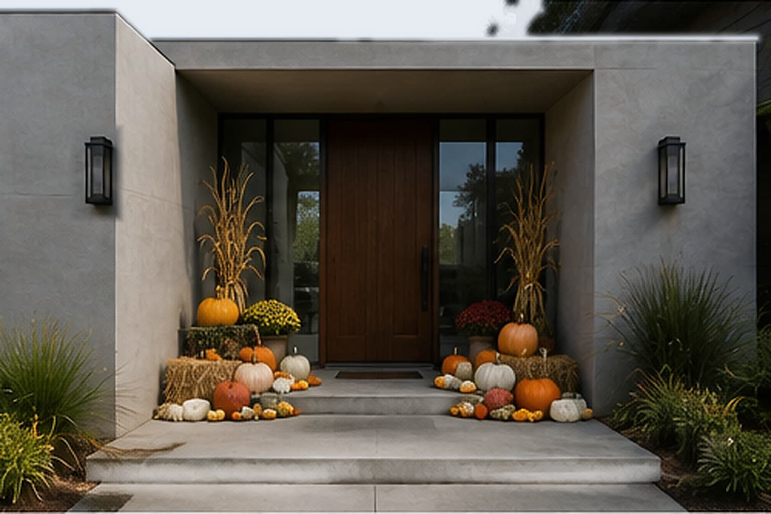 A contemporary entrance with pumpkins set along a floating concrete step