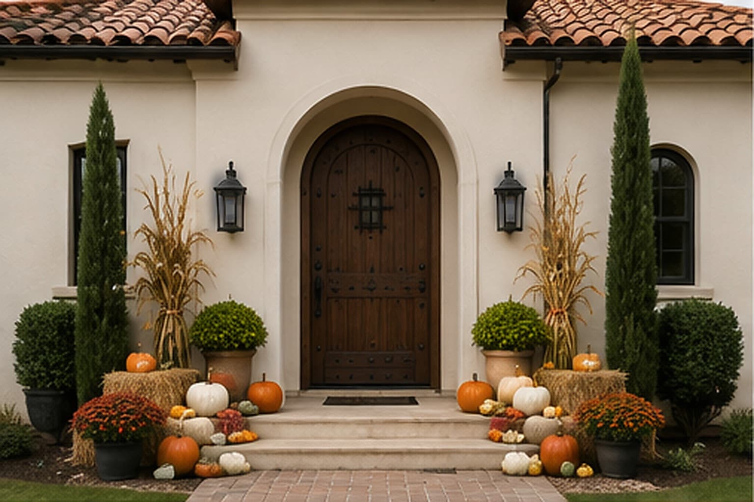 A Spanish-style Los Gatos entrance with orange and white pumpkins down the steps