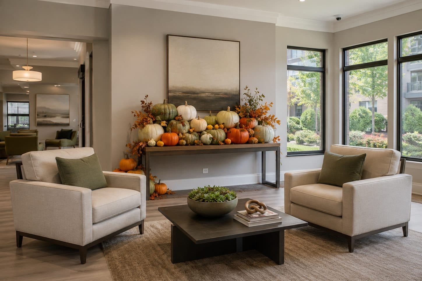 Leasing office styled with an autumn pumpkin display