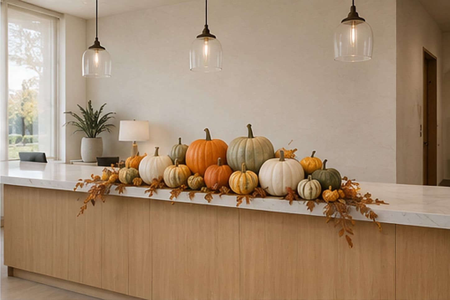Office reception counter styled with an autumn pumpkin display