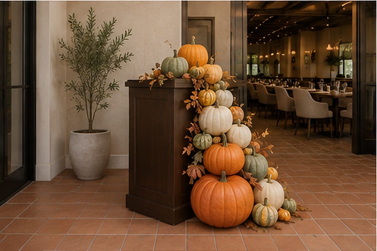 Restaurant hostess stand styled with an autumn pumpkin display