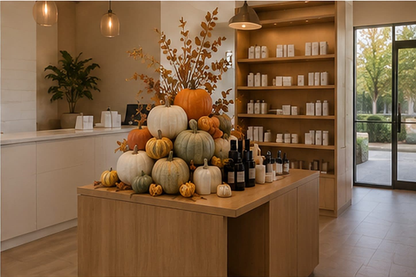 Retail counter styled with an autumn pumpkin display