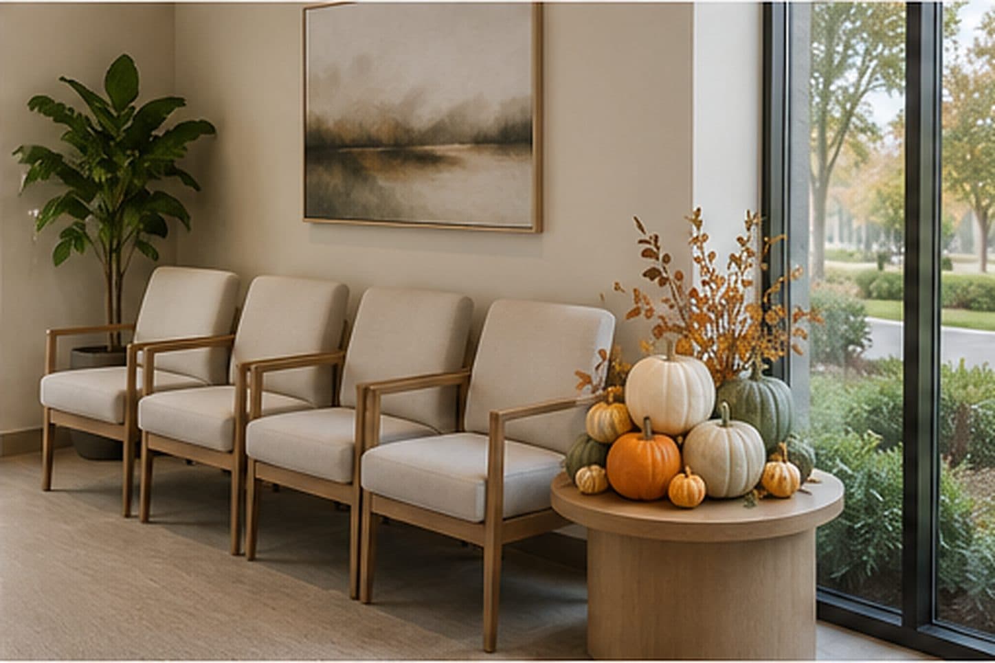 Medical waiting room styled with an autumn pumpkin display
