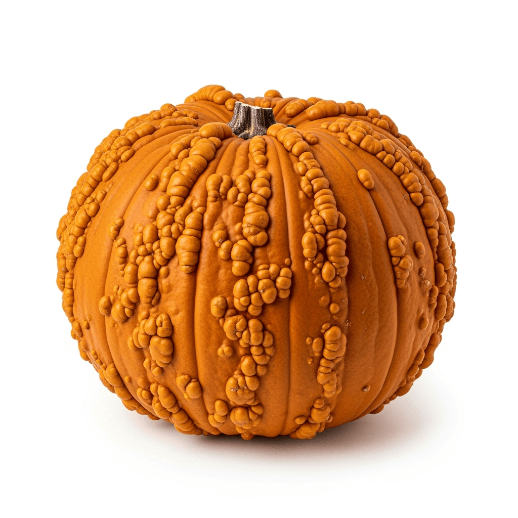 Knucklehead pumpkin — bright orange under a dense crust of green warts