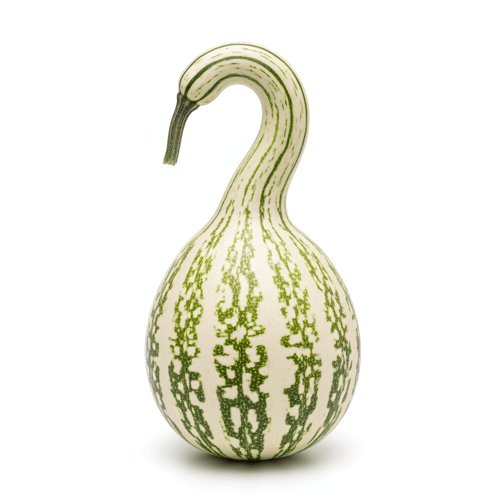 Speckled Swan pumpkin — a long curved neck in speckled green — a gourd, used for height